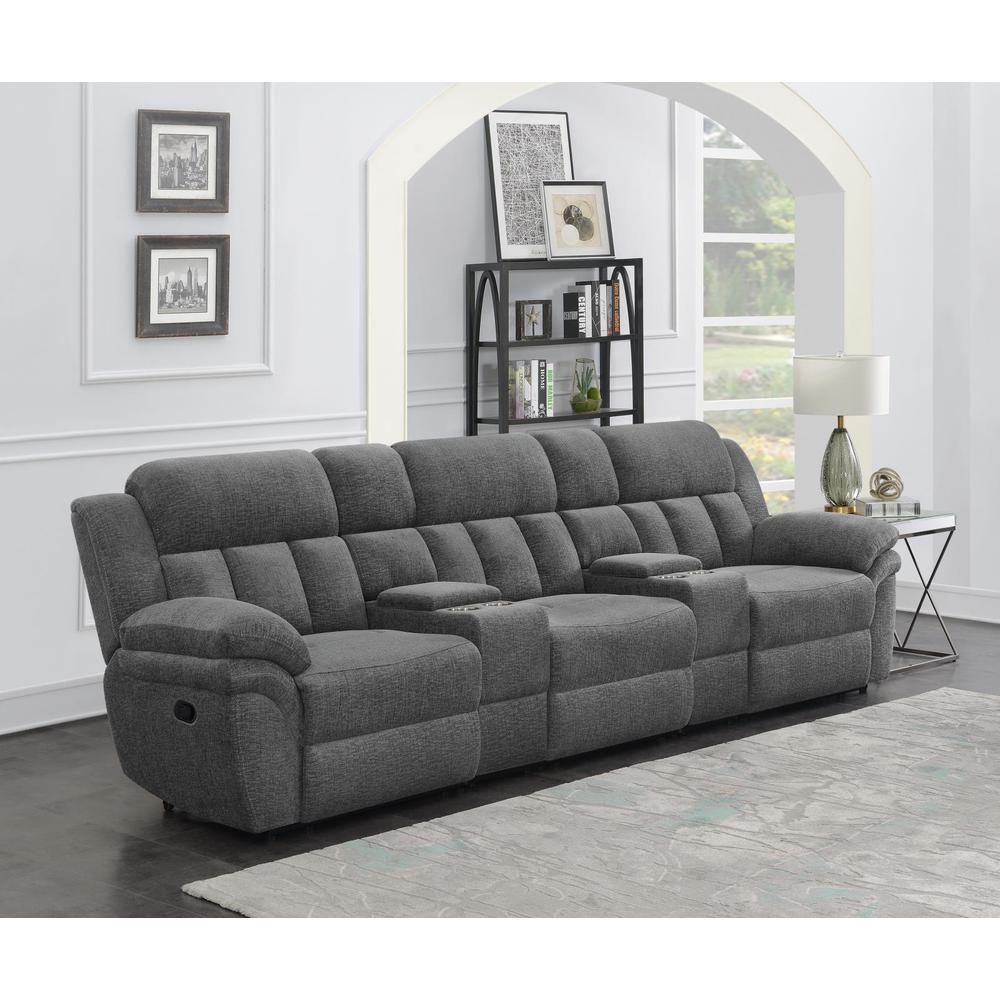 Start2Finish Bahrain 5-piece charcoal upholstered home theater seating set with plush cushions and armrests.