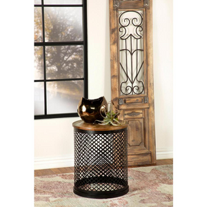 Aurora Round Drum Base Accent Side Table Natural and Black