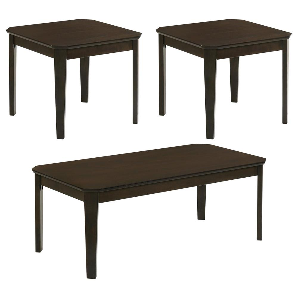 Start2Finish Amaro 3-piece dark brown coffee and end table set, featuring modern wooden tables with sleek designs.