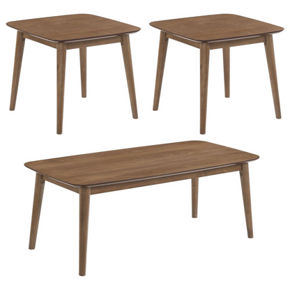 Radley 3-piece rectangular coffee table set in natural walnut wood with sleek modern design and clean lines.
