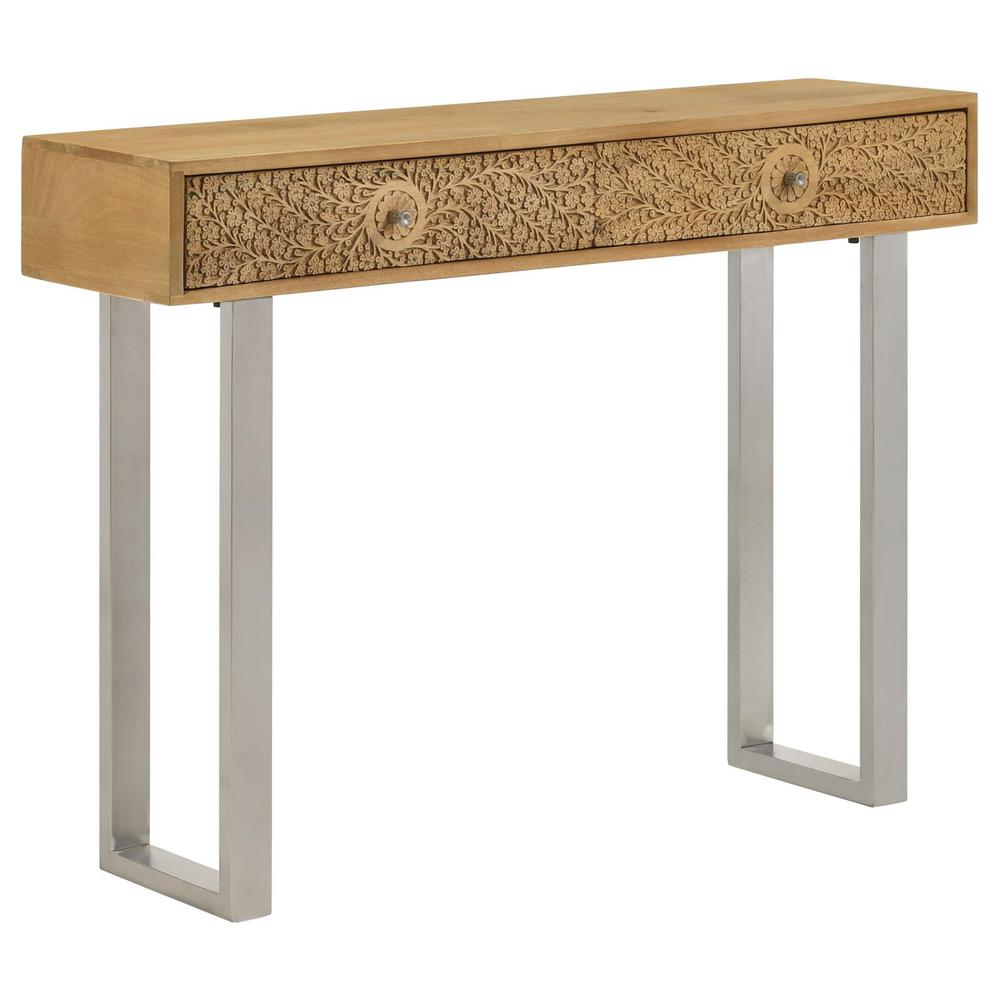 Start2Finish Draco 2-drawer console table with hand-carved details in natural finish, showcasing elegant craftsmanship and storage space.