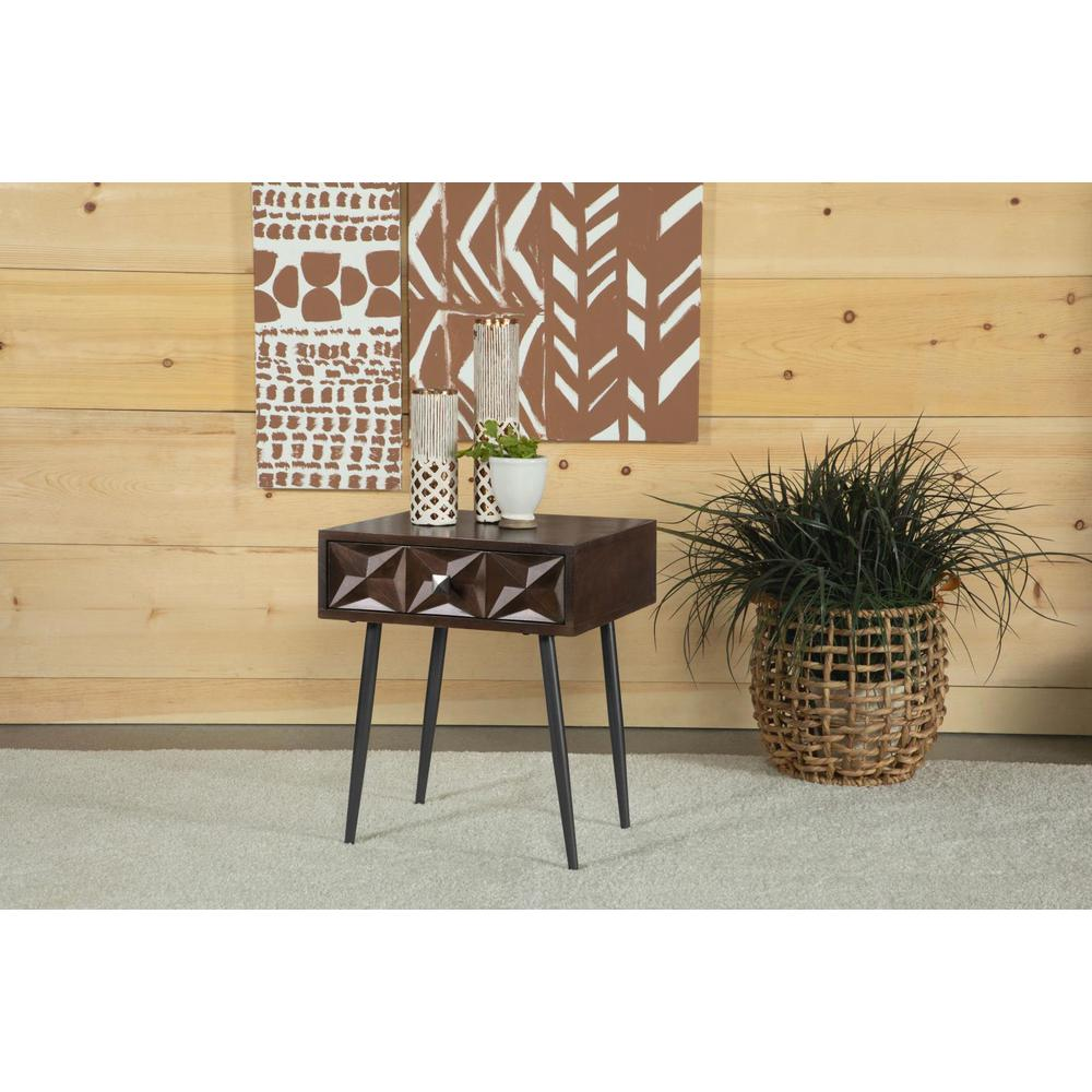 Start2Finish Ezra 1-drawer rectangular accent side table in coffee brown with a smooth finish and minimalist design.