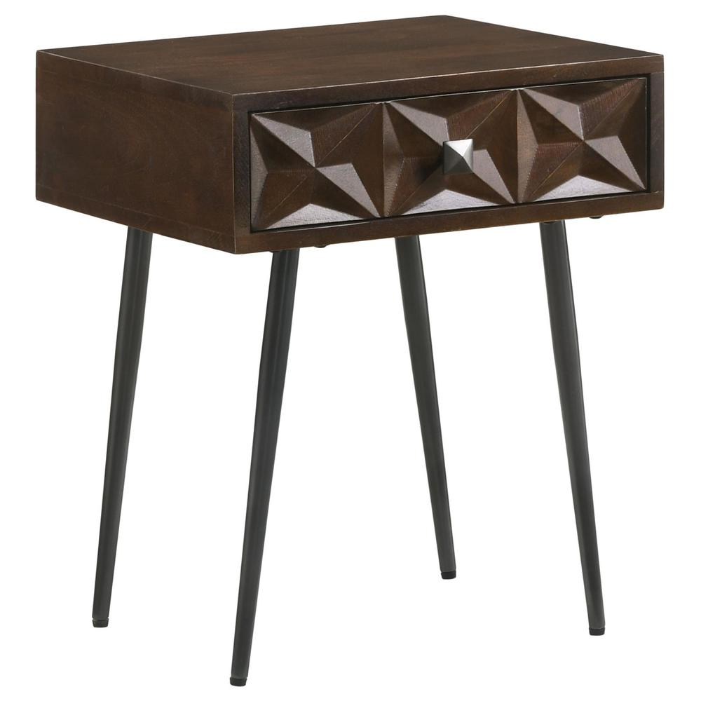 Start2Finish Ezra 1-drawer rectangular accent side table in coffee brown with smooth finish and modern design.