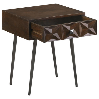 Start2Finish Ezra 1-drawer rectangular accent side table in coffee brown with a smooth surface and modern design.
