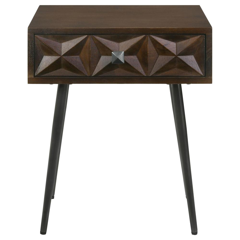 Start2Finish Ezra rectangular accent side table with one drawer, coffee brown wood finish, showcasing its modern design and smooth surface.