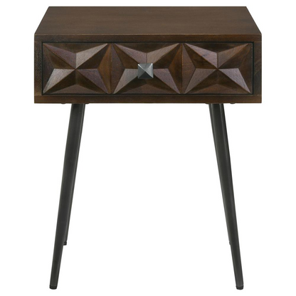 Start2Finish Ezra rectangular accent side table with one drawer, coffee brown wood finish, showcasing its modern design and smooth surface.