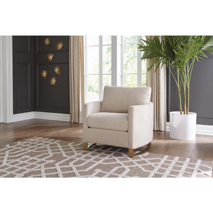 Beige Corliss upholstered arched arm accent chair with plush cushioning and wooden legs, stylishly designed for living room decor.