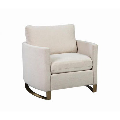 Beige Corliss upholstered arched arm accent chair by Start2Finish with plush cushioning and stylish design.