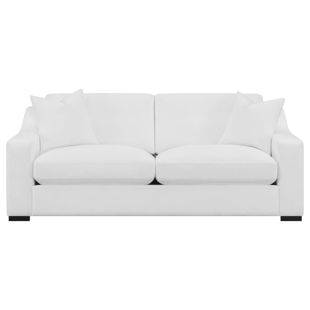 Start2Finish Ashlyn 2-piece upholstered sofa set with sloped arms in white fabric, featuring plush cushions and modern design.