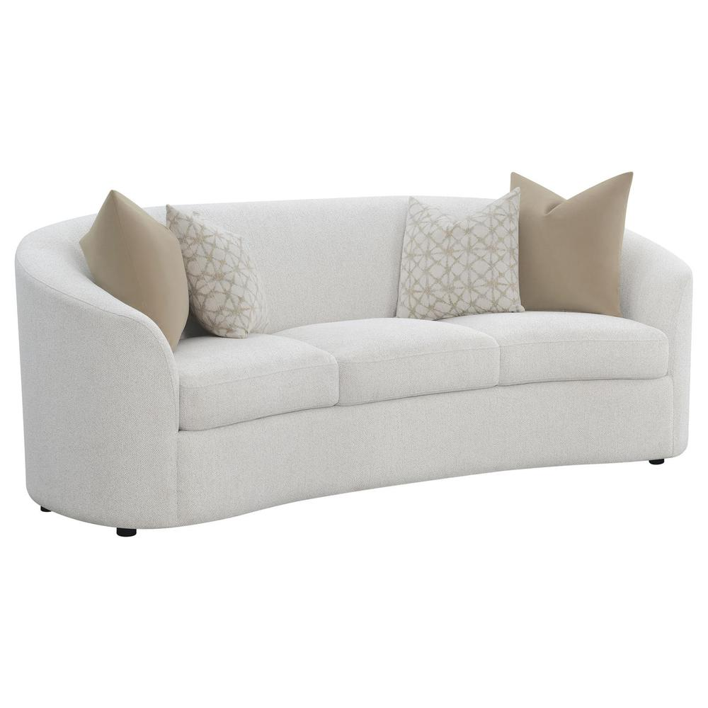 Start2Finish Rainn 2-piece boucle upholstered sloped arm sofa set in latte, showing the cozy, textured fabric and modern design.