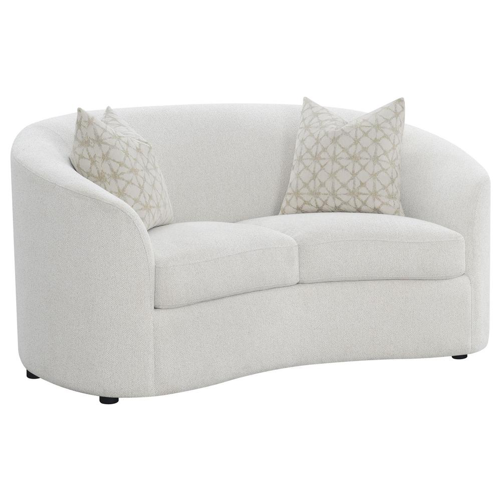 Start2Finish Rainn 2-piece boucle upholstered sloped arm sofa set in latte, showing the plush fabric and modern design.