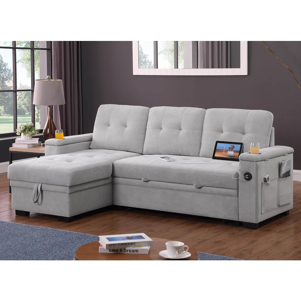 Gray woven fabric reversible sleeper sectional sofa, 84 inches wide with modern design and plush cushions by Start2Finish.