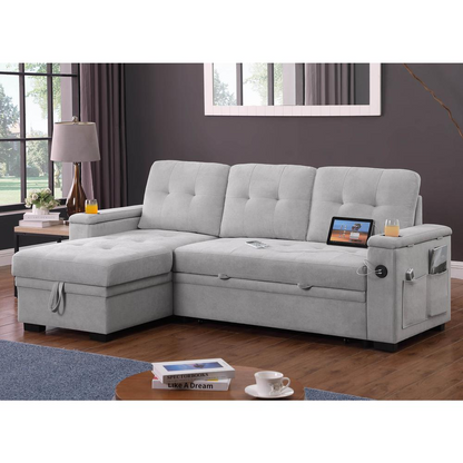 Gray woven fabric reversible sleeper sectional sofa, 84 inches wide with modern design and plush cushions by Start2Finish.