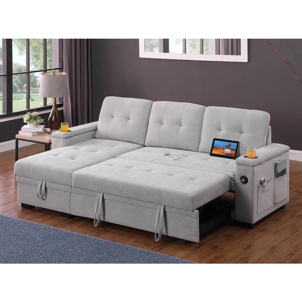 Gray woven fabric reversible sleeper sectional sofa by Start2Finish, showing the spacious, modern design with chaise and fold-out bed