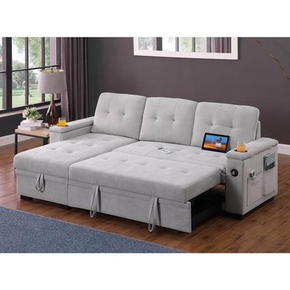 Gray woven fabric reversible sleeper sectional sofa by Start2Finish, showing the spacious, modern design with chaise and fold-out bed