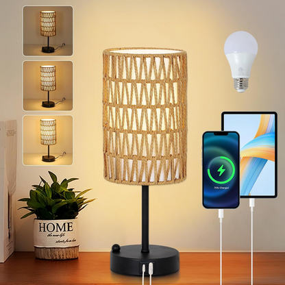 Start2Finish brown rattan and metal table lamp with a rattan shade, ideal for dining room, living room, or entryway lighting.