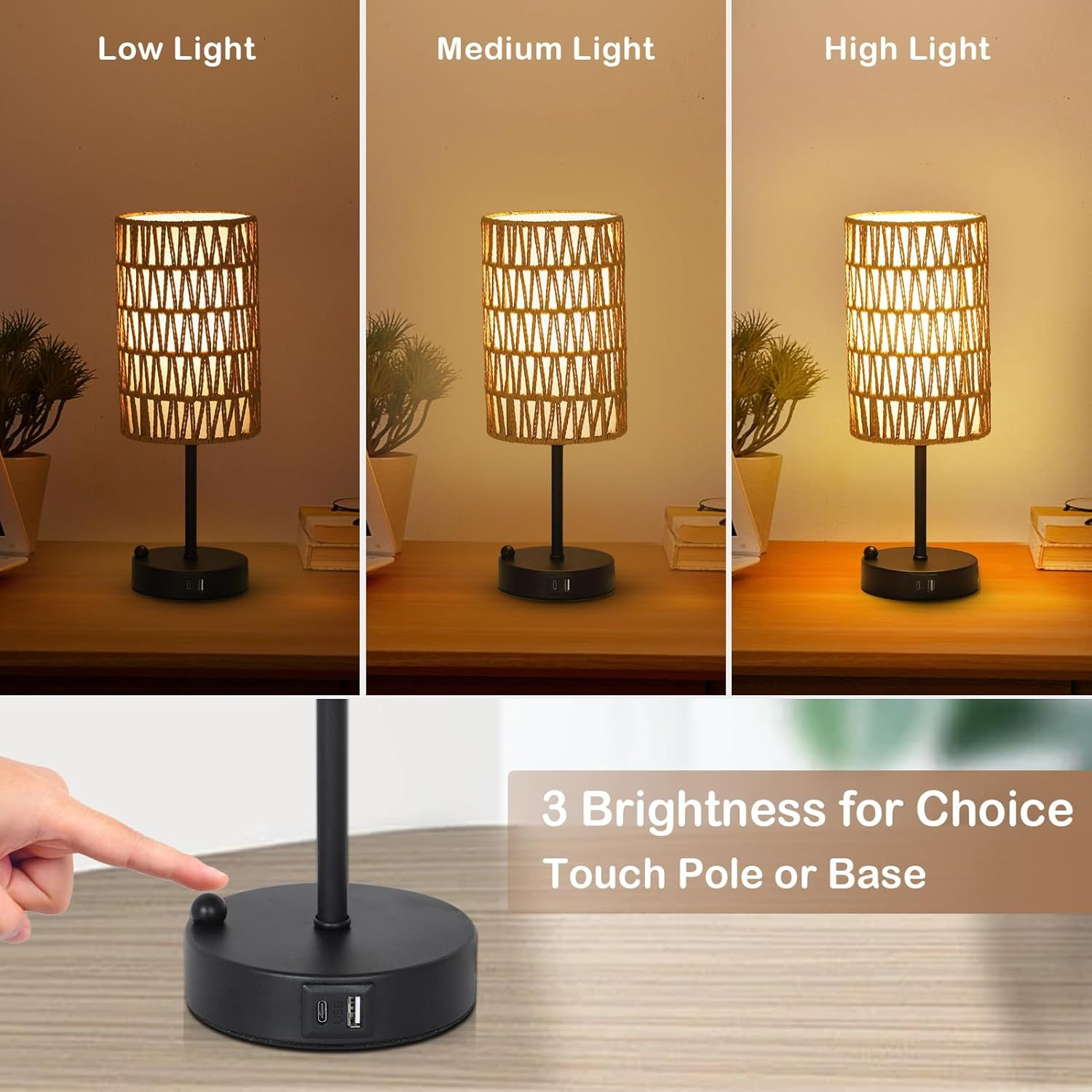 Start2Finish rattan and metal brown table lamp with rattan shade, ideal for dining room, living room, or entryway decor.