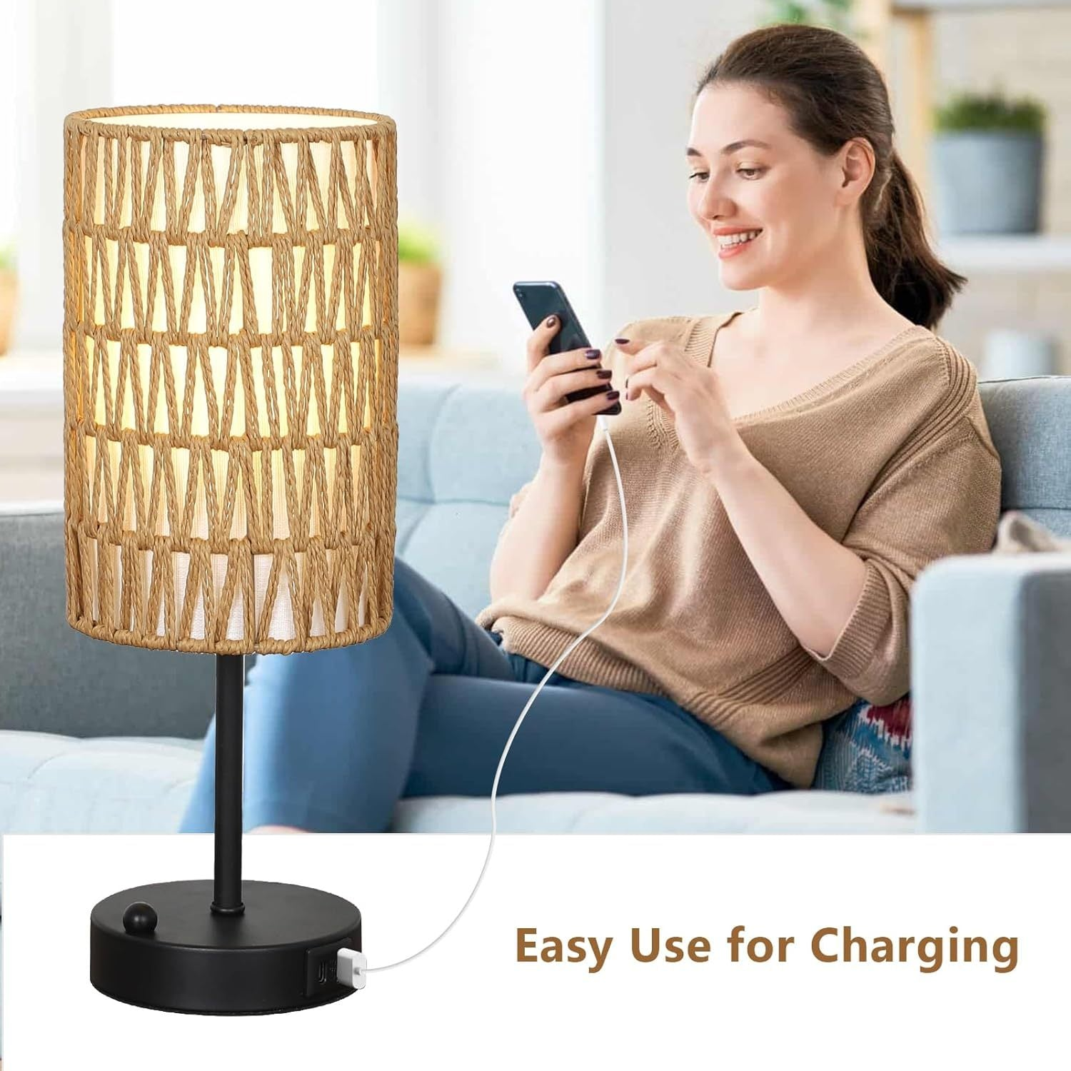 Start2Finish rattan and metal brown table lamp with rattan shade, ideal for dining room, living room, or entryway lighting.