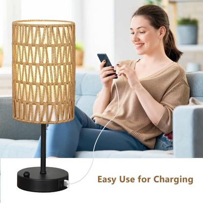 Start2Finish rattan and metal brown table lamp with rattan shade, ideal for dining room, living room, or entryway lighting.
