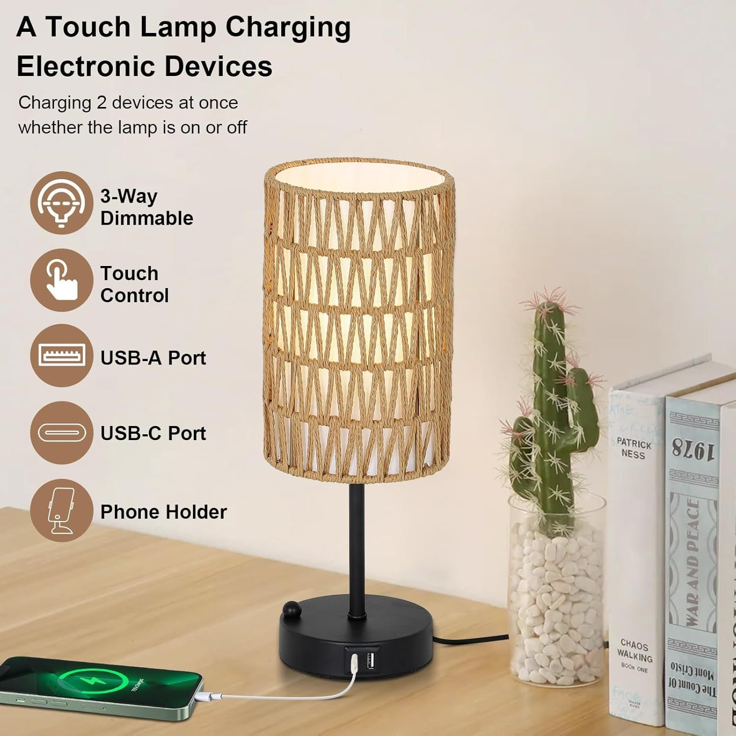 Start2Finish brown table lamp with rattan shade, metal base, suitable for dining room, living room, or entryway decor.