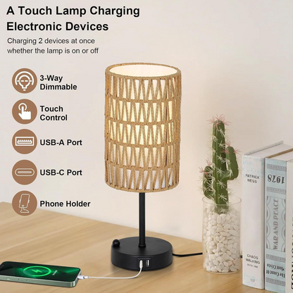 Start2Finish brown table lamp with rattan shade, metal base, suitable for dining room, living room, or entryway decor.
