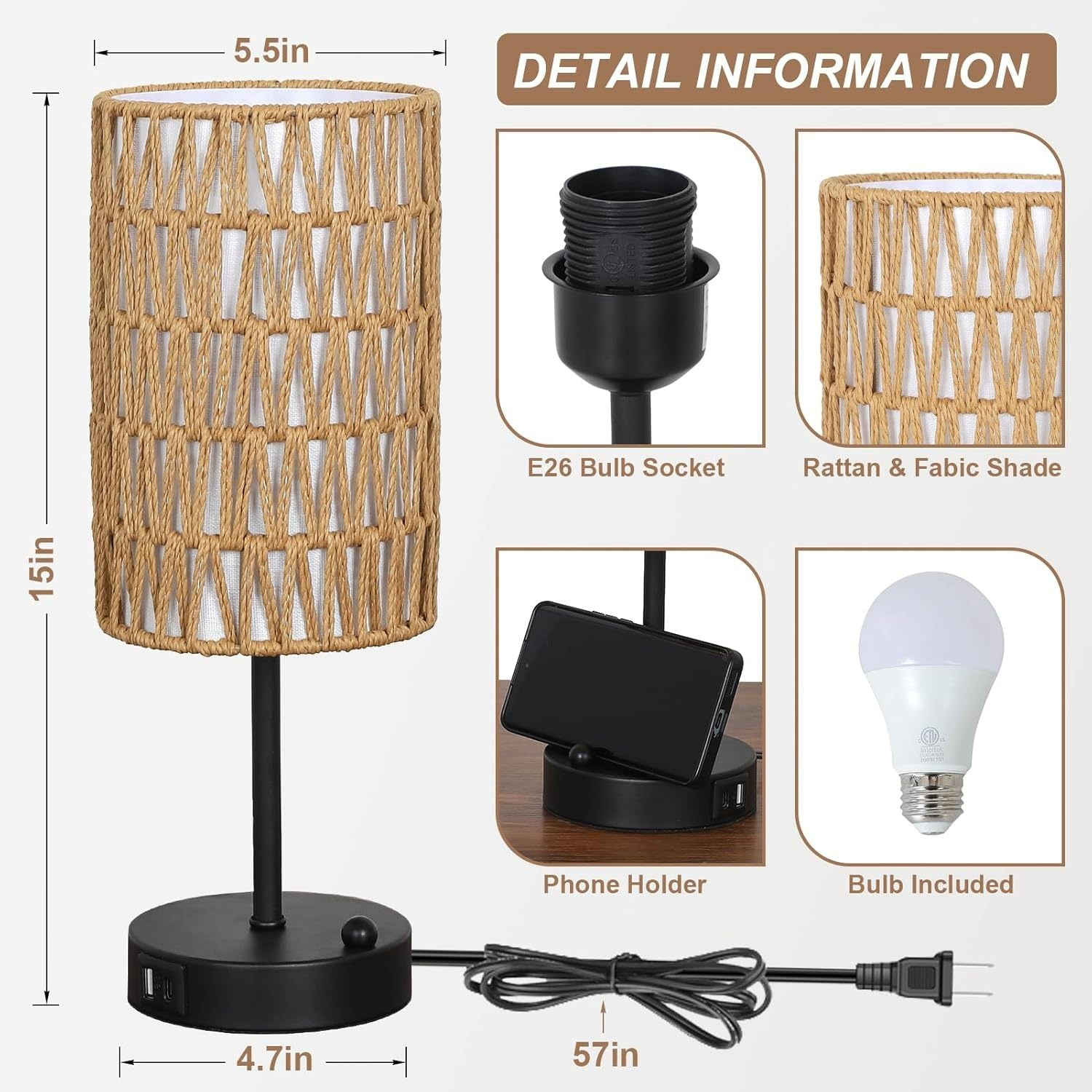 Start2Finish rattan and metal brown table lamp with rattan shade, ideal for dining room, living room, or entryway lighting.
