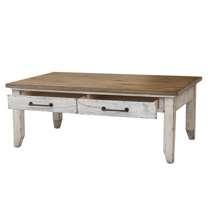 Start2Finish Bear Creek Cocktail Table with a wooden top and metal legs, modern design, and compact size for living room use.