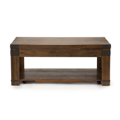 Start2Finish Arusha Lift Top Cocktail Table with wood finish, showing the open lift-top revealing storage space and sturdy design.