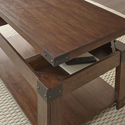 Start2Finish Arusha lift top cocktail table with wood finish and storage compartment, showcasing its sleek design and functional lift top.