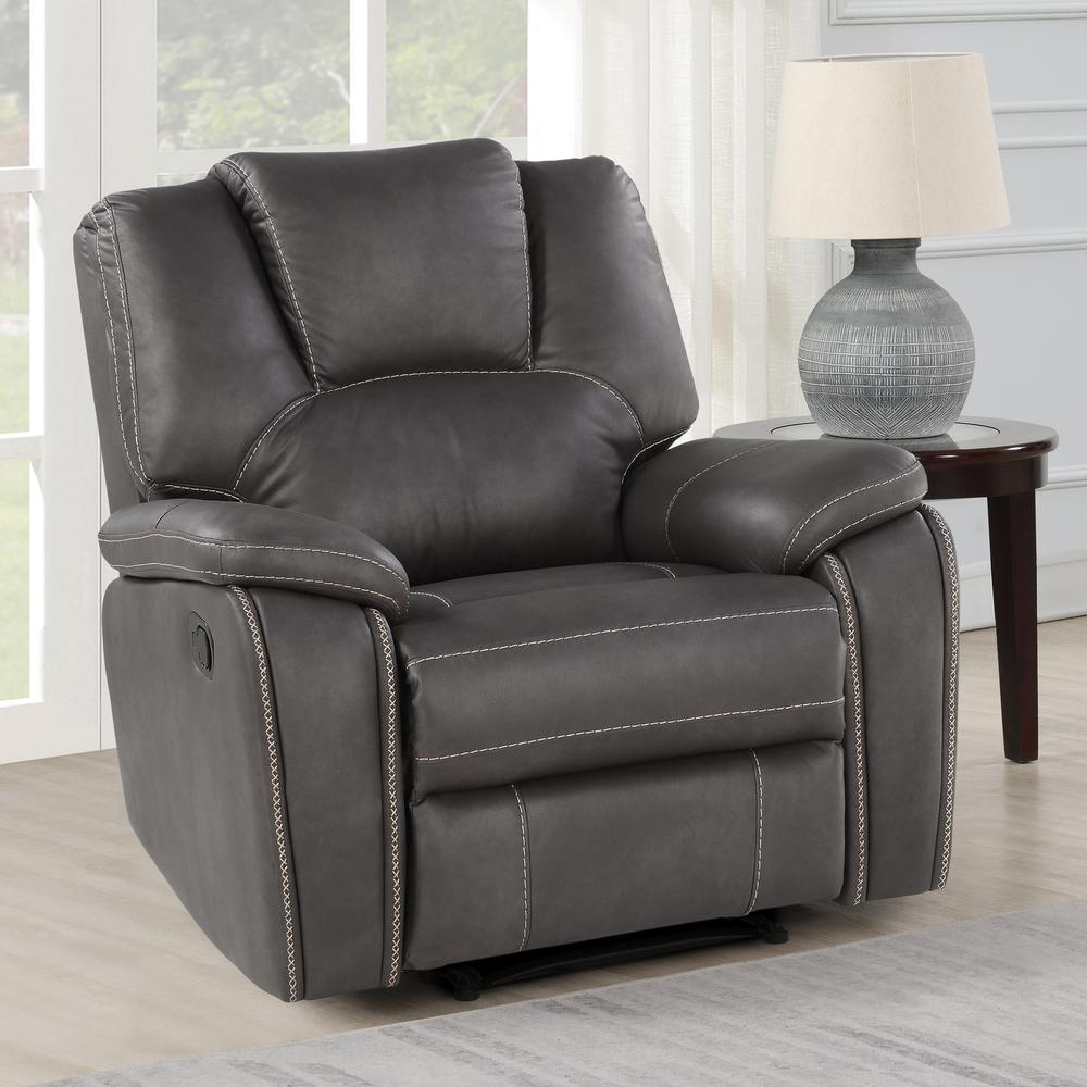 Start2Finish Katrine manual recliner chair in charcoal fabric with plush cushioning and armrests.