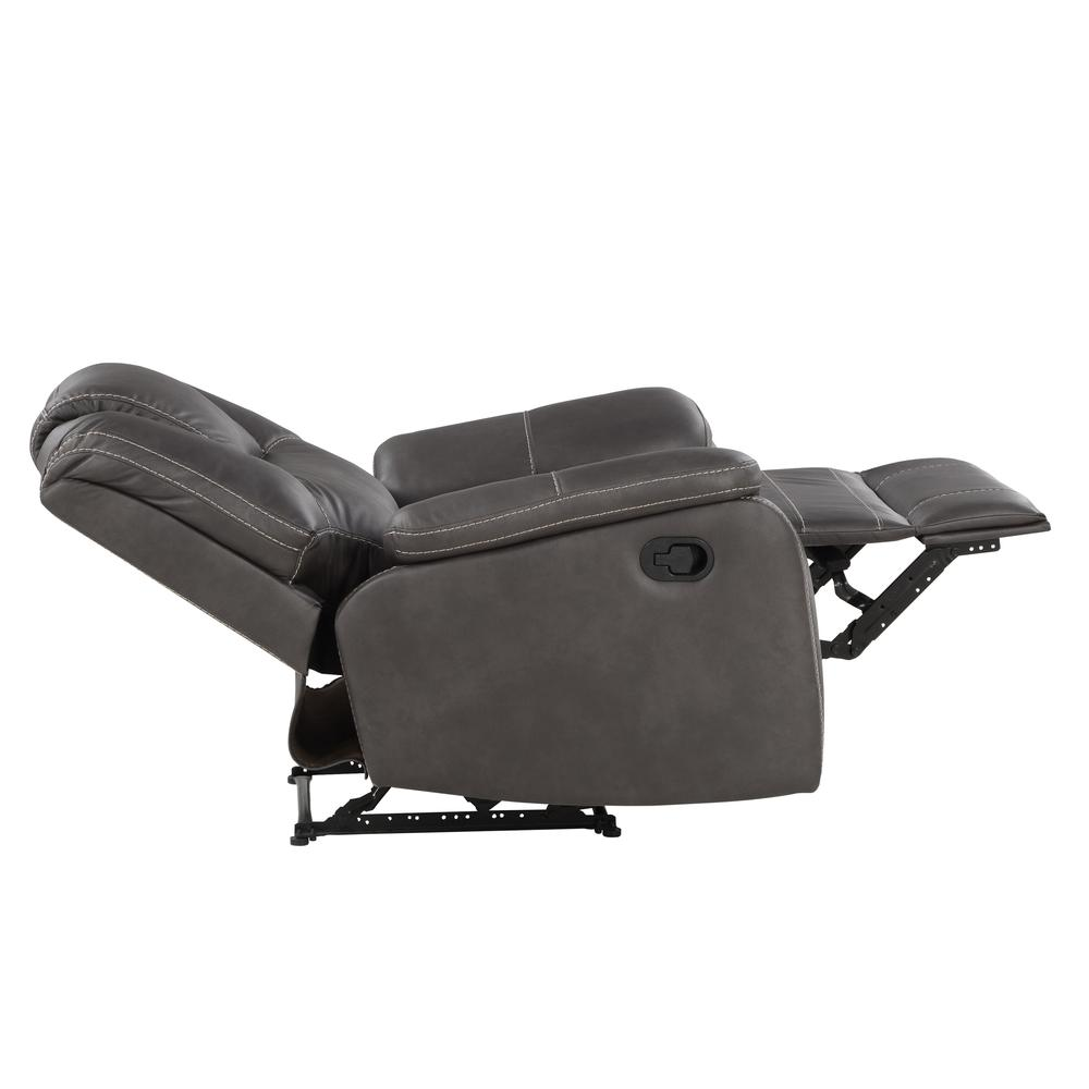 Start2Finish Katrine manual recliner in charcoal fabric, showing the plush cushioned back and armrests for relaxing comfort.