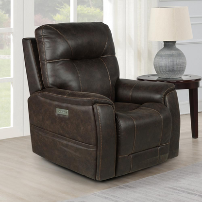Start2Finish Lexington Power Media Recliner with plush cushioning, dark upholstery, and built-in media tray for relaxing comfort.