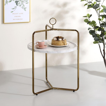Start2Finish Miro side table in white and gold with a sleek, modern design and round tabletop on curved gold legs.
