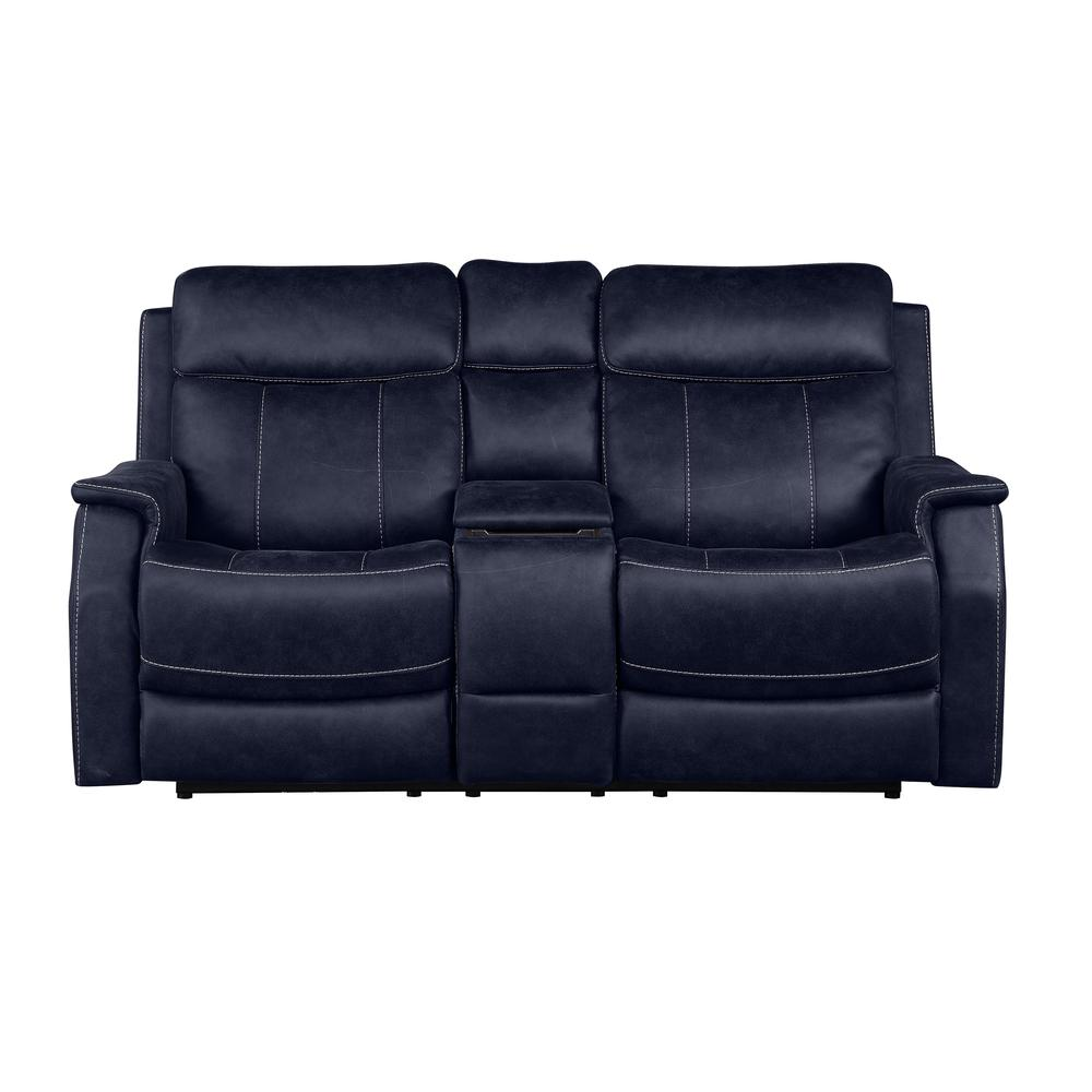 Start2Finish Valencia Dual Power Reclining Console Loveseat in Ocean fabric, showing plush cushions and built-in console with cup holders.