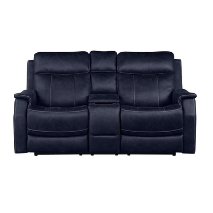Start2Finish Valencia Dual Power Reclining Console Loveseat in Ocean fabric, showing plush cushions and built-in console with cup holders.