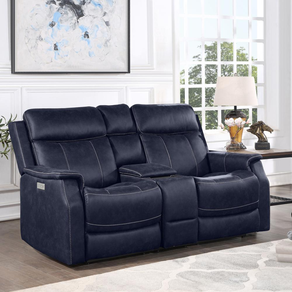 Start2Finish Valencia dual power reclining console loveseat in ocean blue with plush cushions and built-in storage armrests.