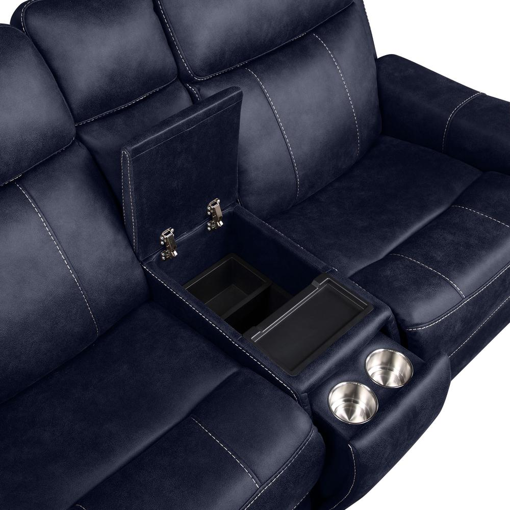 Start2Finish Valencia dual power reclining console loveseat in ocean fabric, showing plush cushions and built-in side storage.