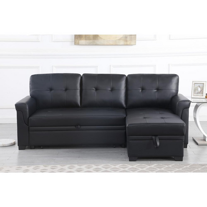 Lexi black synthetic leather reversible sleeper sectional sofa with storage chaise from Start2Finish, featuring modern design and plush cushions.