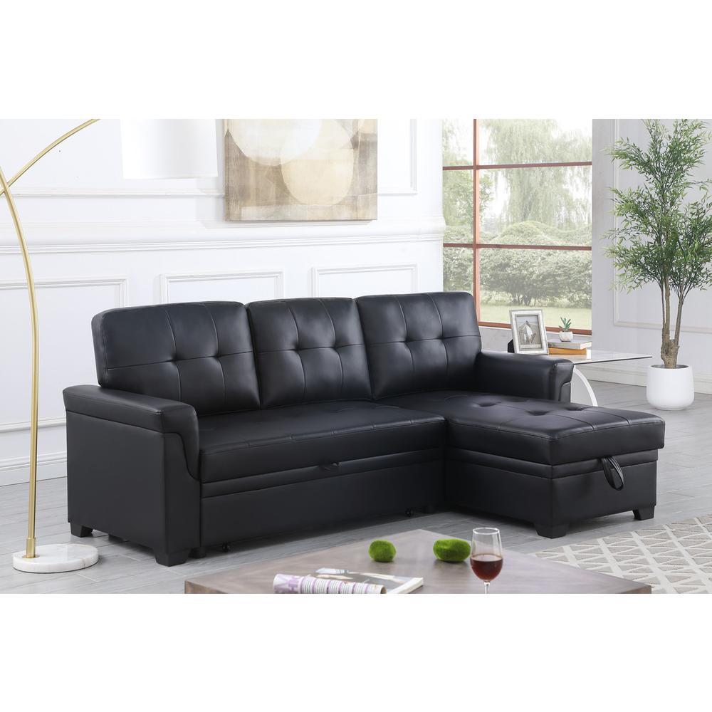 Lexi Black synthetic leather reversible sleeper sectional sofa with storage chaise by Start2Finish, featuring modern design and plush cushions.