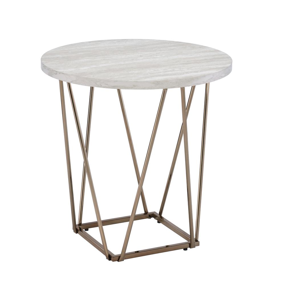 Start2Finish Rowyn faux marble top end table with a sleek round design and modern metal legs, perfect for living room decor.