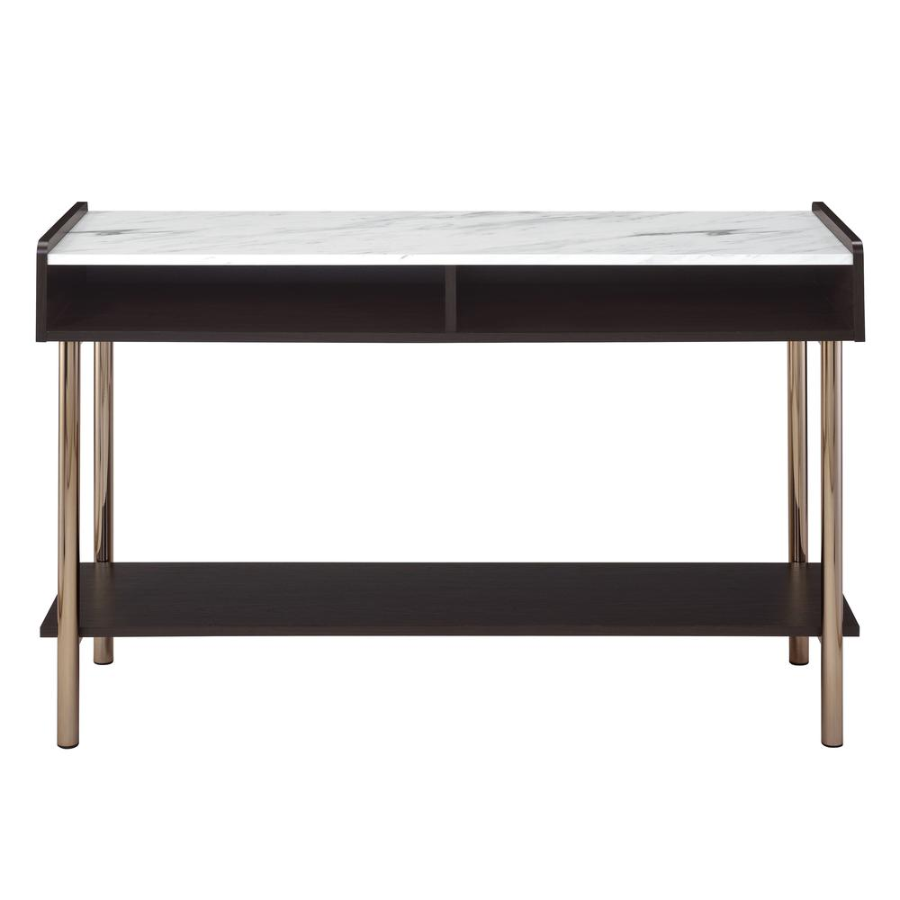 Start2Finish Carrie Sofa Table with wooden top and metal frame, shown in a modern living room setting.