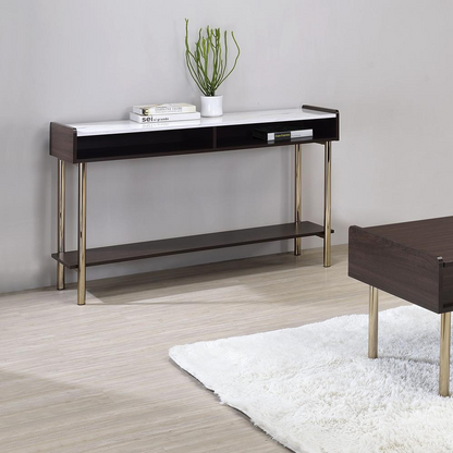 Start2Finish Carrie sofa table with a sleek wooden surface and modern design, shown in a living room setting.