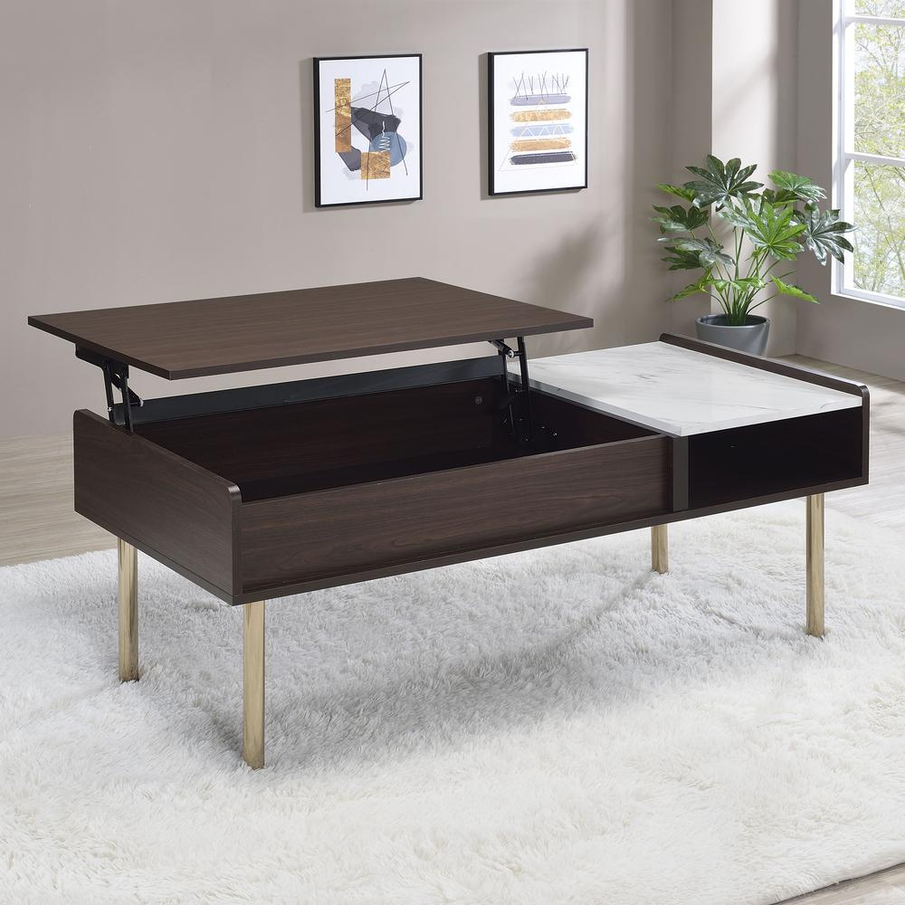 Start2Finish Carrie lift-top coffee table with open storage, featuring a sleek wood finish and modern design.