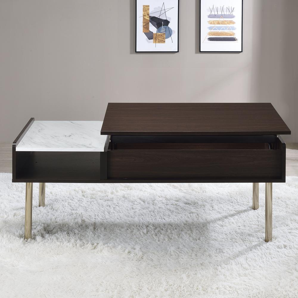Start2Finish Carrie lift-top coffee table with open storage, dark wood finish, and sleek modern design shown in the image.