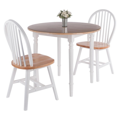 Sorella 3-piece drop leaf dining table with Windsor chairs in natural wood and white finish, ideal for compact dining spaces.