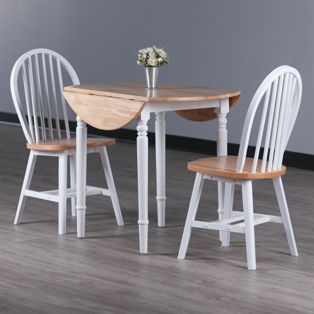Sorella 3-piece drop leaf dining table with Windsor chairs in natural and white finish, showcasing a stylish dining set.