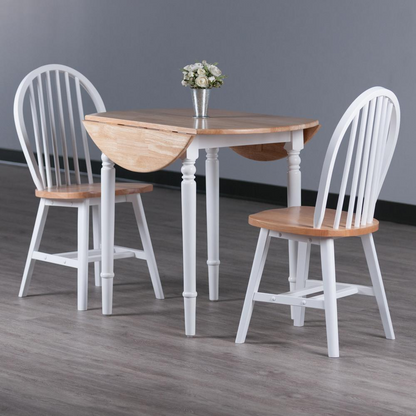 Sorella 3-piece drop leaf dining table with Windsor chairs in natural and white finish, showcasing a stylish dining set.