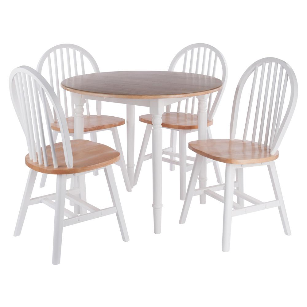 Start2Finish Sorella 5-Pc drop leaf dining table with Windsor chairs in natural wood and white finish, showcasing the table and chairs.