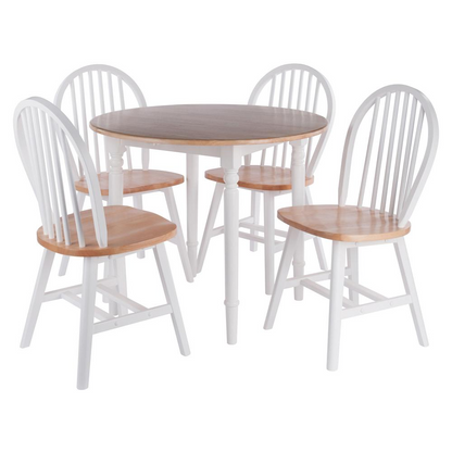 Start2Finish Sorella 5-Pc drop leaf dining table with Windsor chairs in natural wood and white finish, showcasing the table and chairs.