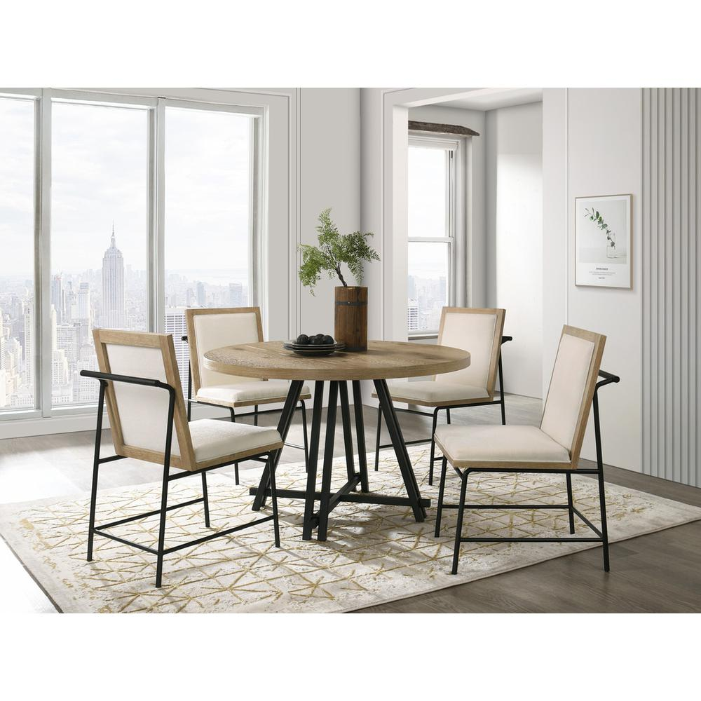 Start2Finish Tate oak finish 47-inch round dining table with cream upholstered chairs, perfect for casual and formal dining spaces.